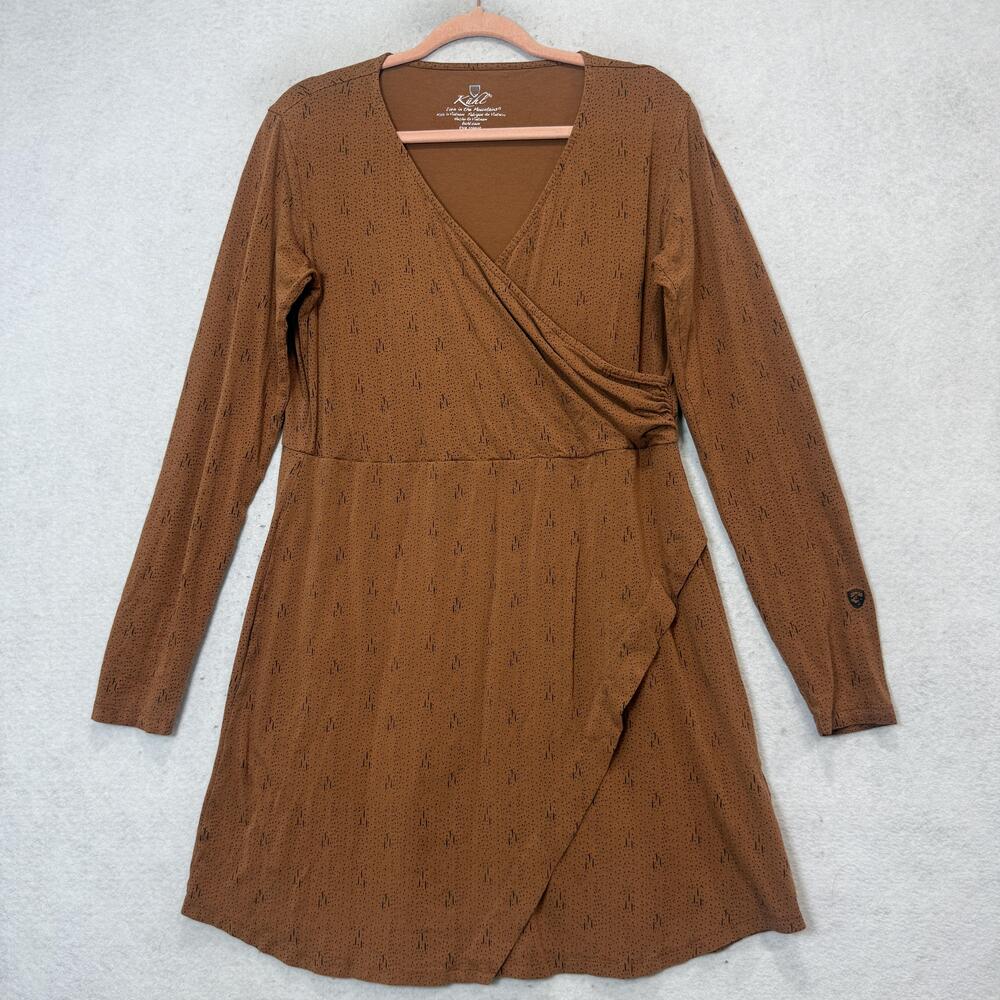 Kuhl Dress Womens Large Brown Geometric Long Sleeve Faux Wrap Jersey A Line